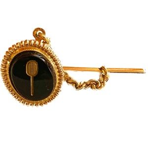 Vintage Tennis Racket Tie Tack – Gold Tone Chain – Mid-Century Sports Motif